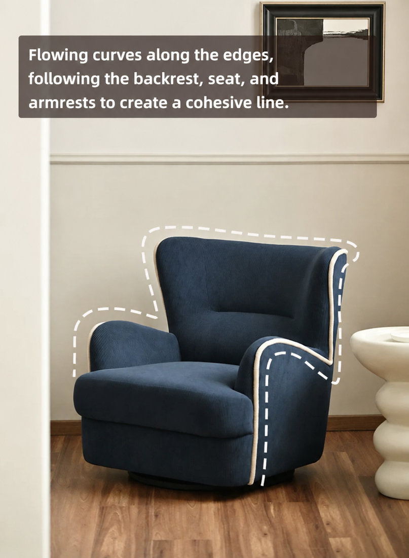 Relax in the ANNIE Swivel Lounge Chair, featuring soft corduroy upholstery, ergonomic back support, resilient 45D foam and a sturdy solid-wood frame.