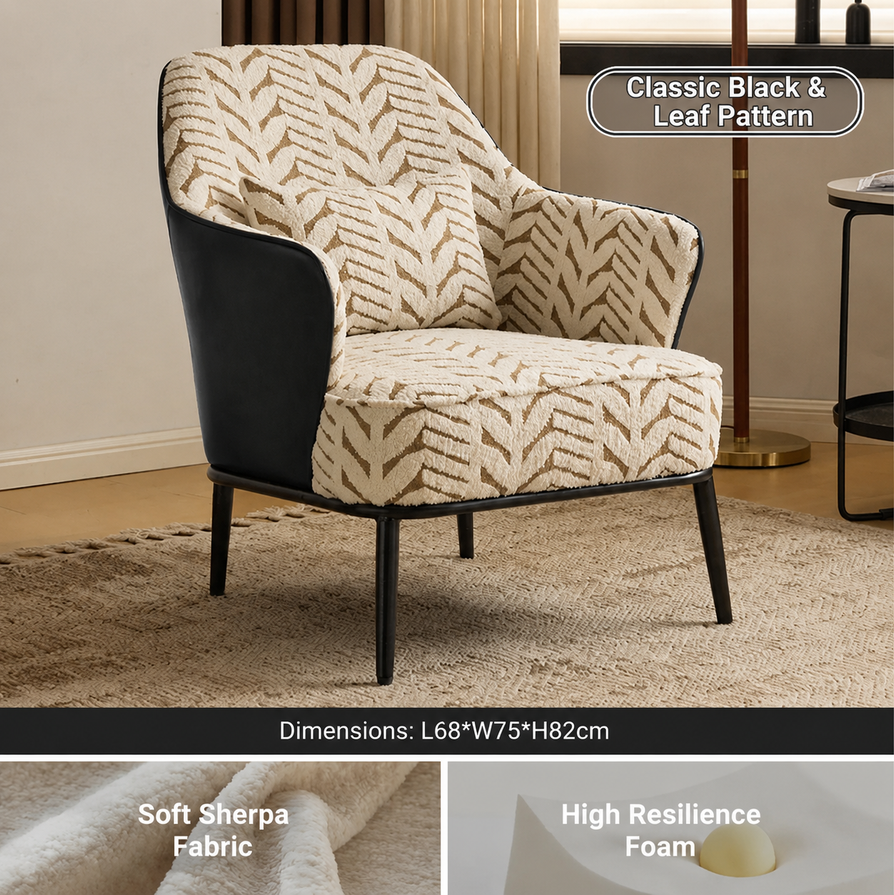 A classic armchair with a beige and black leaf-patterned bouclé fabric upholstery and black leather side panels, shown in a styled room setting with a shag rug and a text overlay detailing the dimensions and fabric features.