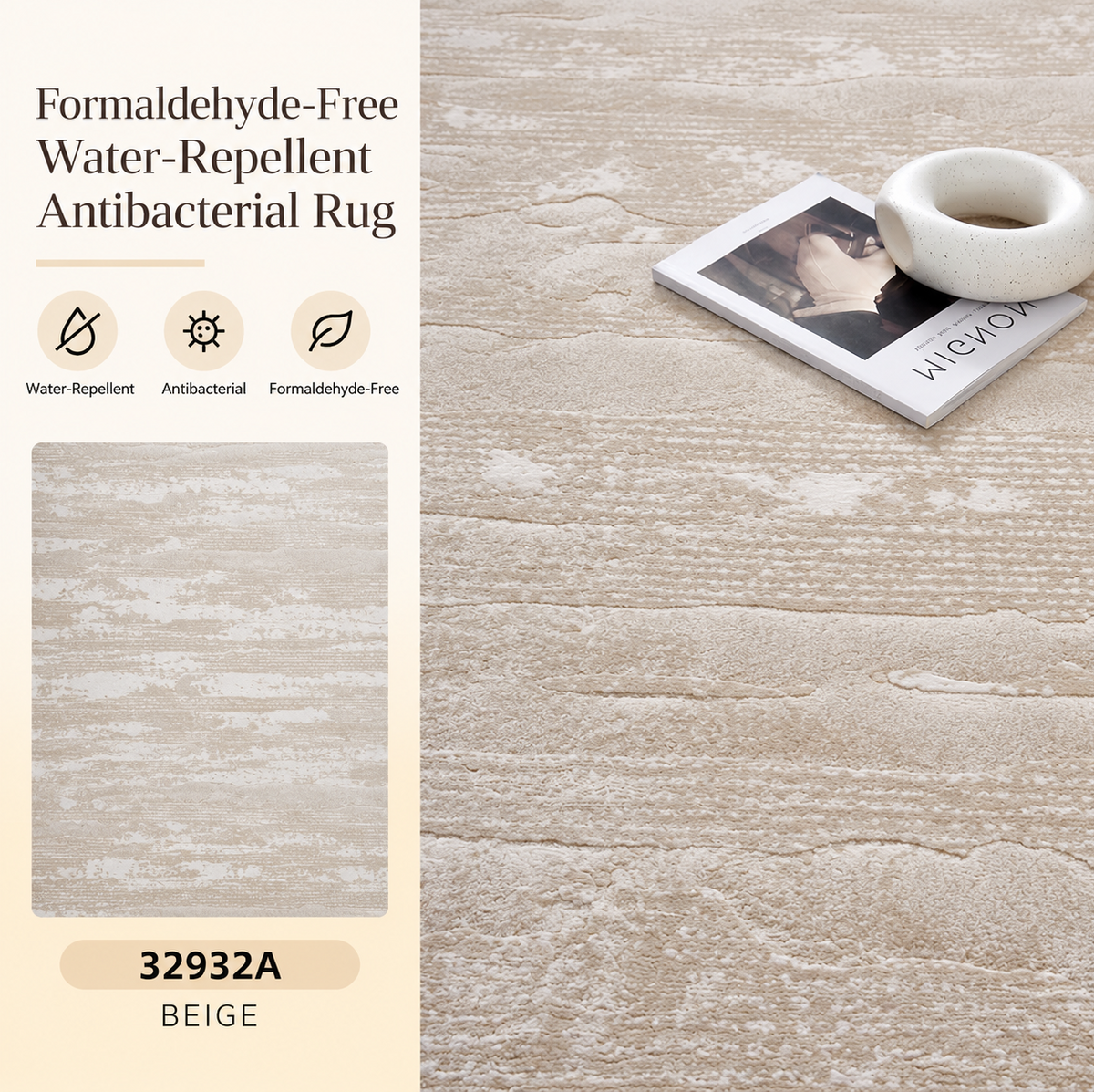 Beige wood-look rug shown on a light neutral background with a product info panel on the left. The panel includes text reading 'Formaldehyde-Free Water-Repellent Antibacterial Rug,' feature icons, a small sample swatch, and the color name BEIGE.
