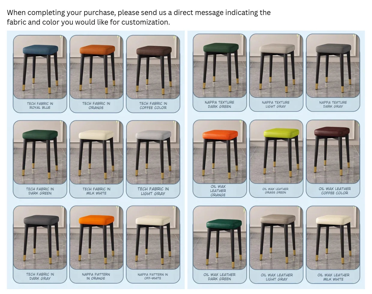 Customizable modern stools in tech fabric, nappa texture, and oil wax leather, multiple colors for home or office