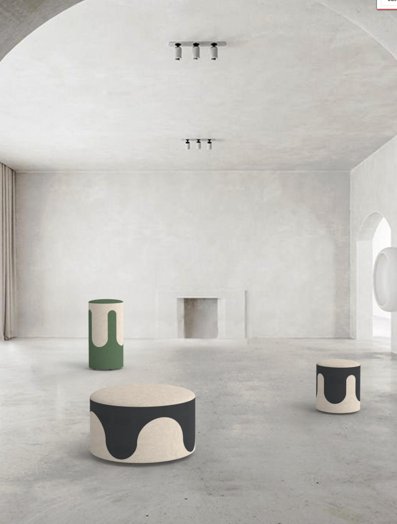 Round dual-tone upholstered drip fluid pouf with flowing design for breakout spaces