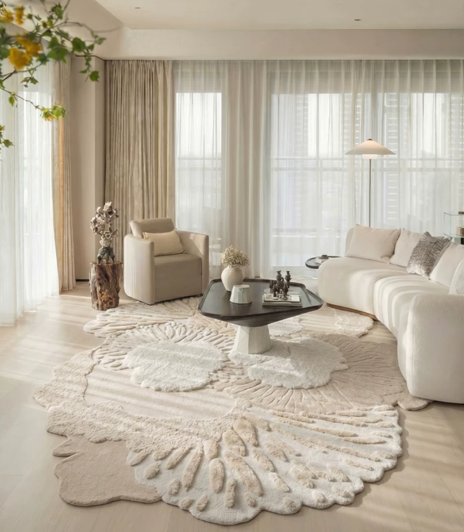 A styled living room featuring a large, organic-shaped cream shag rug with a textured, raised floral or leaf-like pattern. The room is decorated with a cream sectional sofa, a matching armchair, a black coffee table, and sheer white curtains.