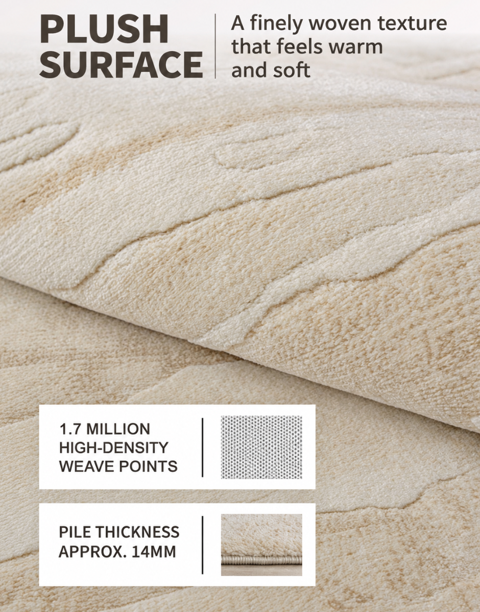 Close-up of a plush beige upholstered surface with text callouts describing its warm, finely woven texture, 1.7 million high-density wave points, and approximately 14mm pile thickness.