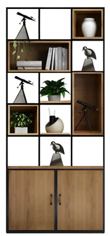 metal display partition and bookshelf with cabinet
