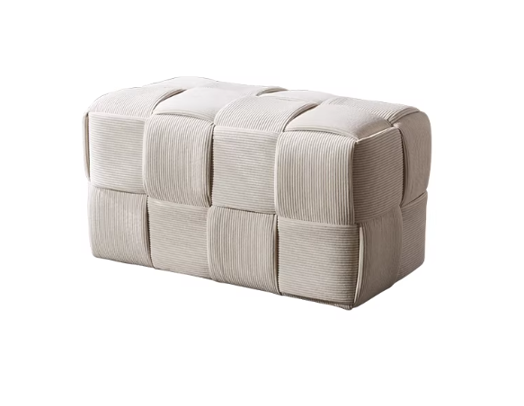 Bottas rectangular bench pouf with textured woven upholstery used as extra seating