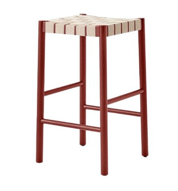 red bar stool with woven seat