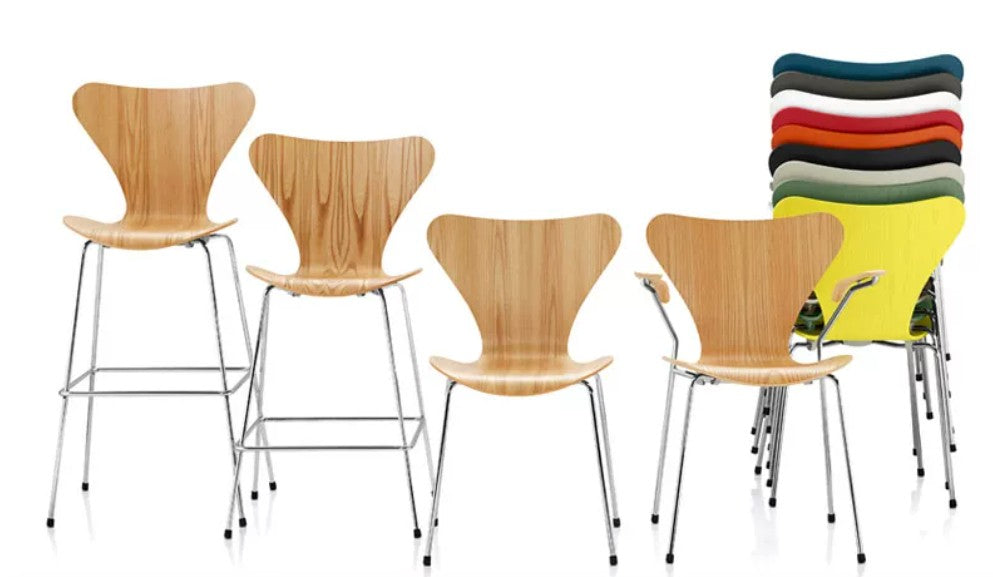 Modern wooden shell chairs with chrome legs, stackable designs in multiple colors for home or office use