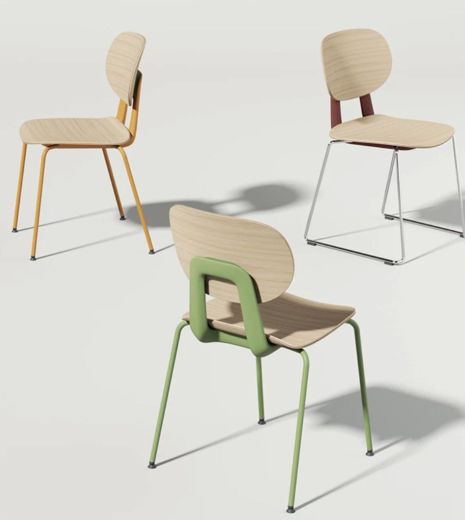 Modern dining chair with birch veneer seat and powder-coated frame
