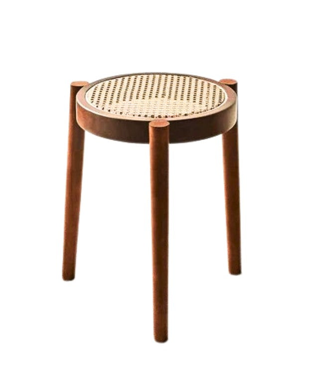 Solid Wood Round Stool with Natural Rattan Seat
