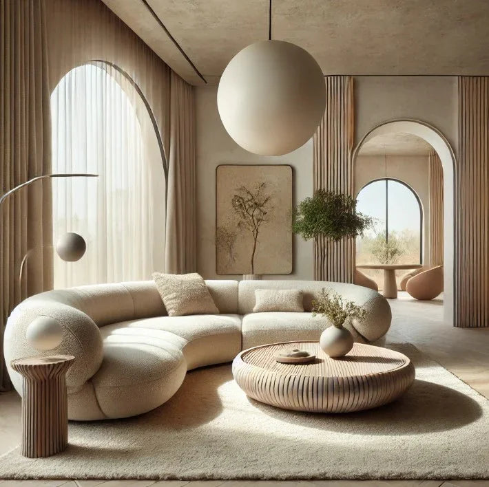 Modern beige curved sectional sofa with round coffee table in minimalist living room, natural light through arched windows