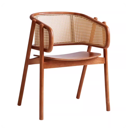Solid wood seat cane armchair with curved wooden frame and woven rattan backrest.