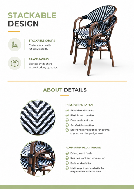 Stackable rattan chairs with black and white chevron weave, aluminum frame, space-saving design for home or outdoor use