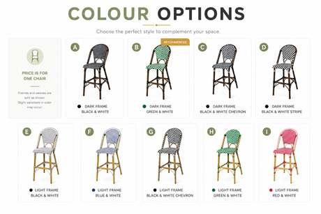 Bistro chair color options: dark & light frames with black, white, green, blue, red patterns for home or office