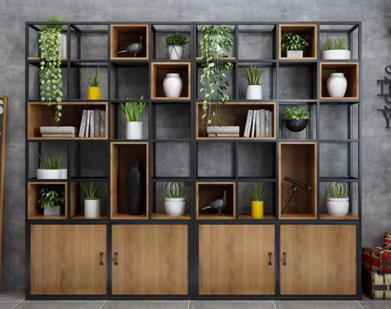 industrial metal shelf partition with cabinet