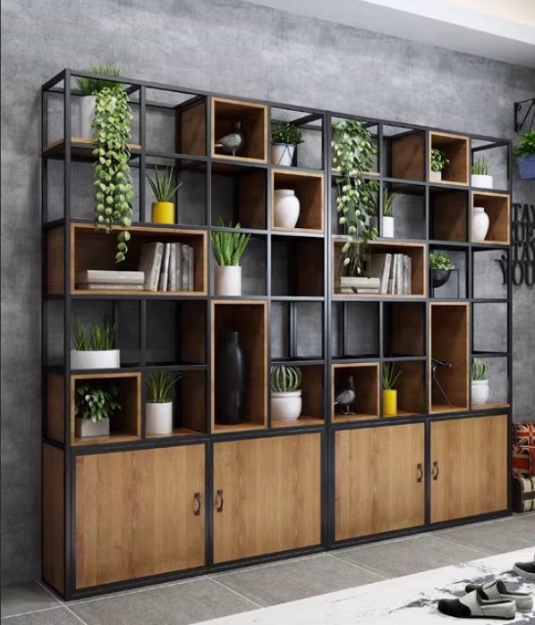 industrial metal shelf partition with cabinet
