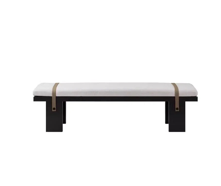 UMA minimalist upholstered oak wood dining bench with leather straps with removable and washable seat cover.