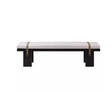 UMA minimalist upholstered oak wood dining bench with leather straps with removable and washable seat cover.