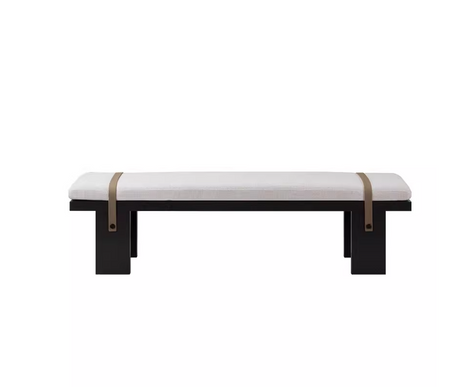 UMA minimalist upholstered oak wood dining bench with leather straps with removable and washable seat cover.