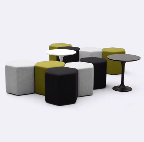 Modular hexagon pouf seating cluster in upholstered fabric