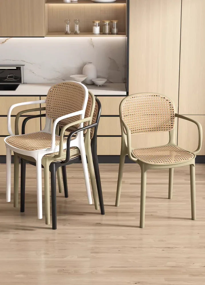 Black PP perforated rattan style dining  stackable armchair
