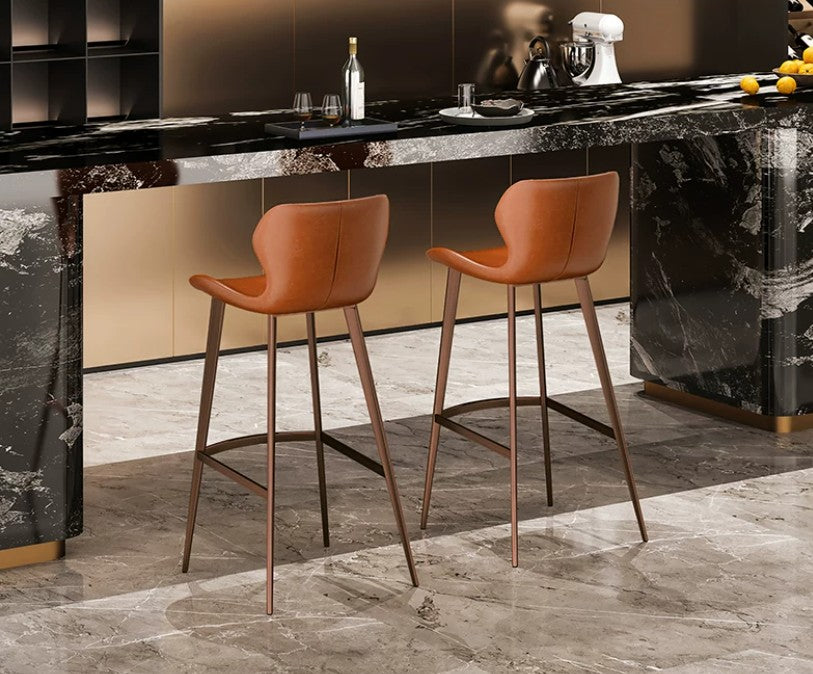 Leather Bar Stool with Ergonomic Backrest in Bronze frame