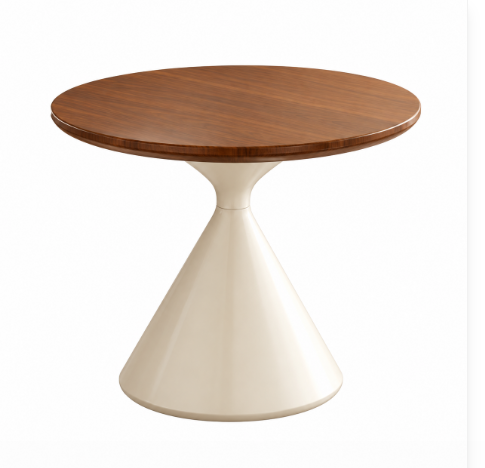 A modern round side table with a medium brown wood-grain top and a tapered cream-colored pedestal base, shown on a plain white background.