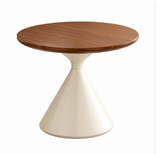A modern round side table with a medium brown wood-grain top and a tapered cream-colored pedestal base, shown on a plain white background.