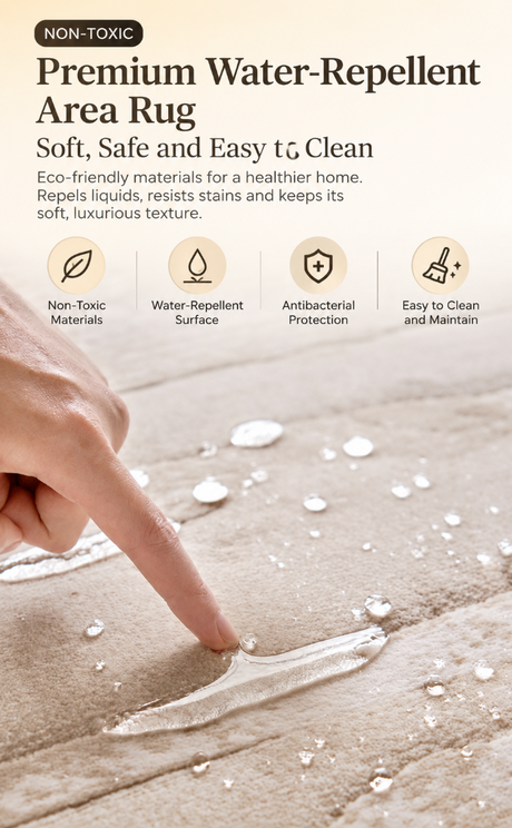 A close-up of a person's finger touching a water-repellent area rug, with droplets of water beading on the surface. The image includes marketing text at the top reading 'Premium Water-Repellent Area Rug' and feature icons for non-toxic materials, water-repellent surface, antibacterial protection, and easy to clean and maintain.