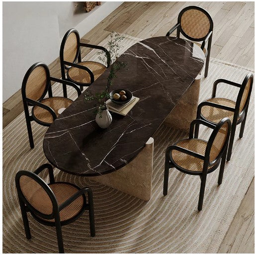 calacatta marble and travertine dining table