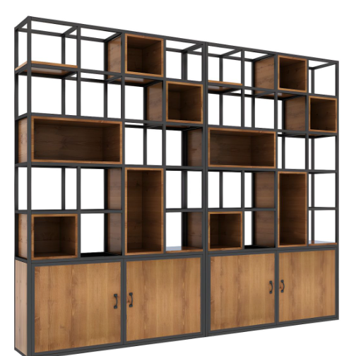 metal display partition and bookshelf with cabinet