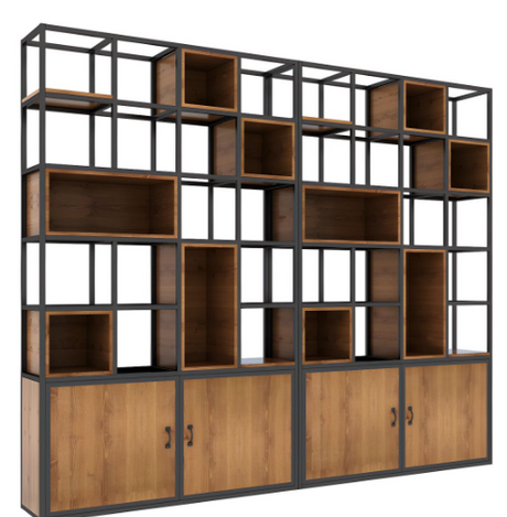 metal display partition and bookshelf with cabinet