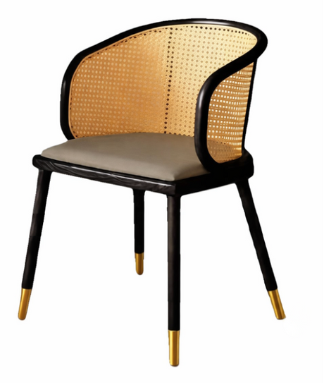 Elio rattan dining arm chair with black solid wood frame, woven cane backrest and upholstered seat