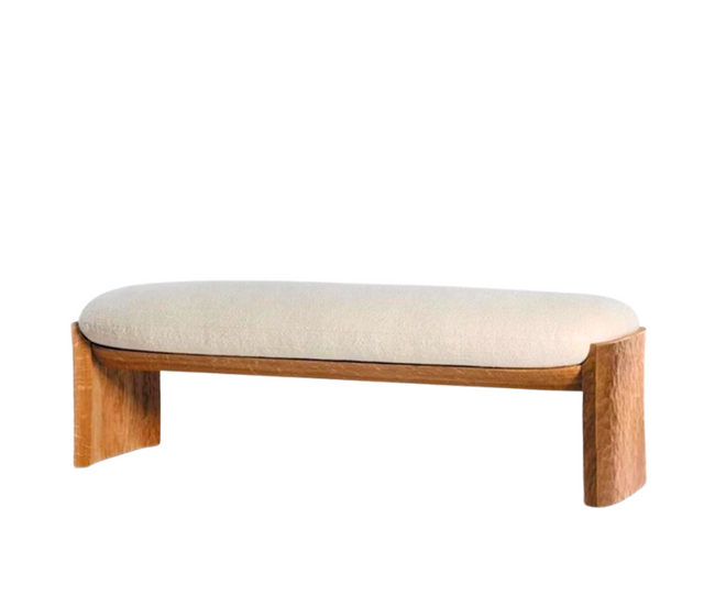 Deepa upholstered dining bench with curved solid ash wood legs