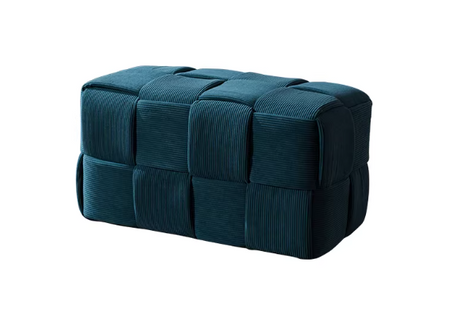 Modern woven bench pouf featuring sculptural panel design and soft upholstery