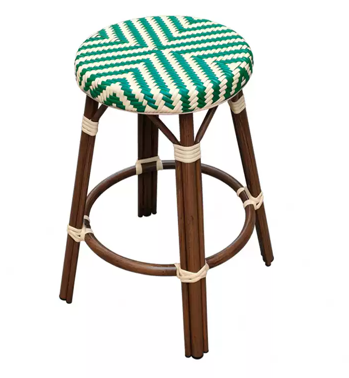 wicker rattan bar stool in green herringbone pattern