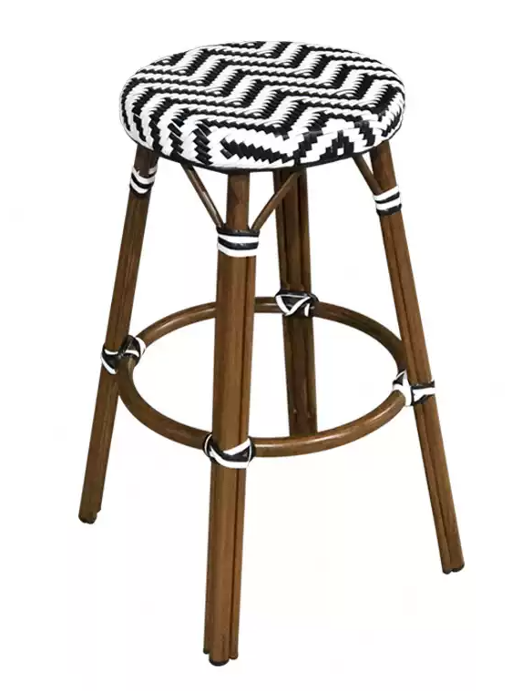 Eve rattan outdoor bar stool in black herringbone pattern