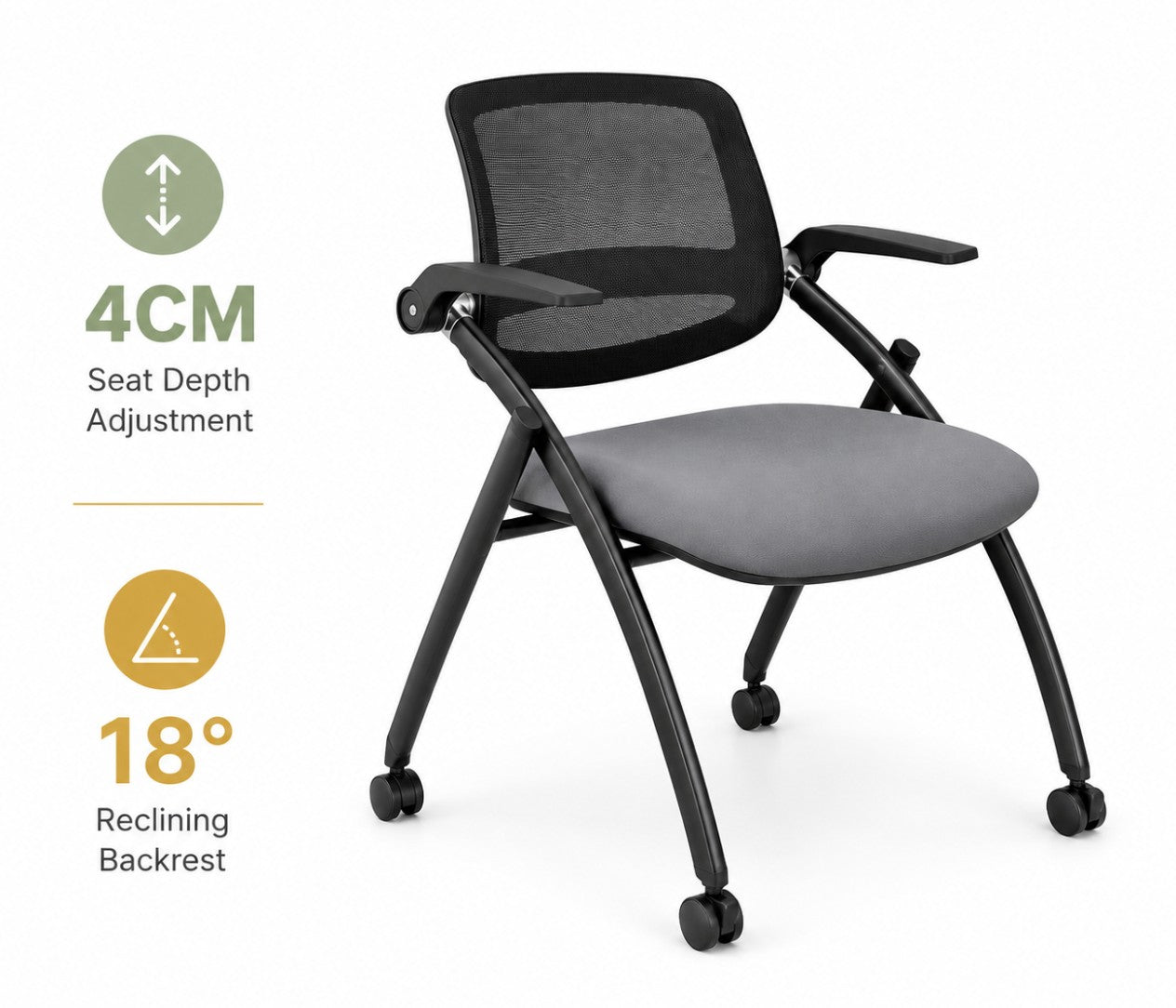 grey training armchair with castors, foldable armrest and tiltable backrest