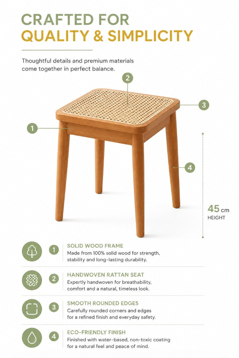 Solid Wood Square Stool with Rattan Seat | YNA
