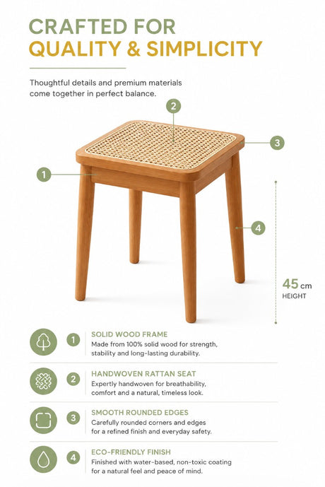 Solid Wood Square Stool with Rattan Seat | YNA