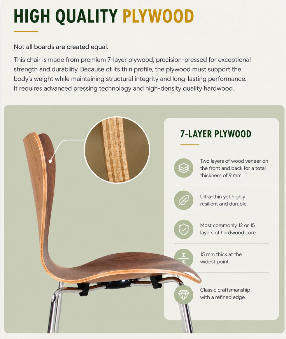 Modern plywood chair with 7-layer construction, showcasing durable hardwood core and refined edge craftsmanship.