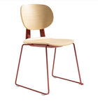 Fin stackable plywood dining chair with wine red metal frame