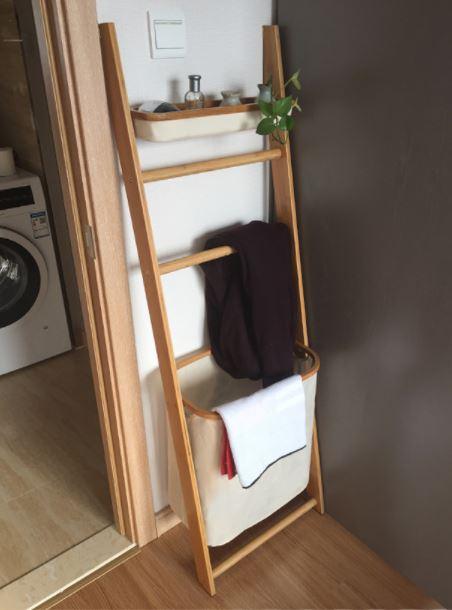 wood storage organizer in bathroom