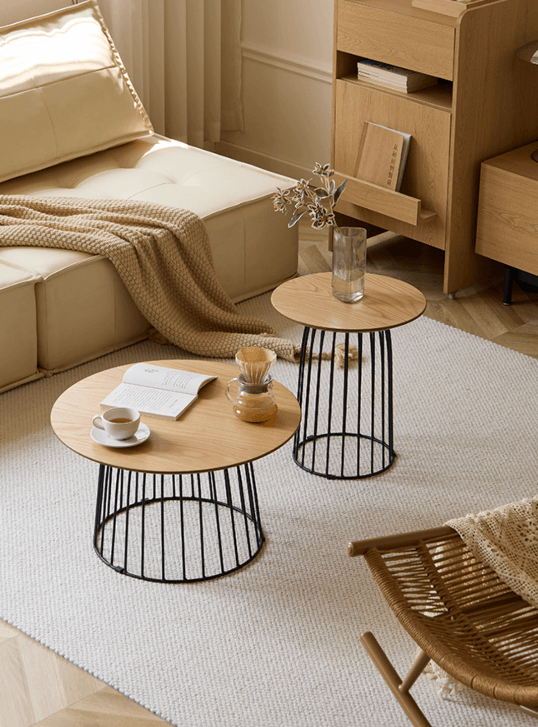 side nesting table with metal cage