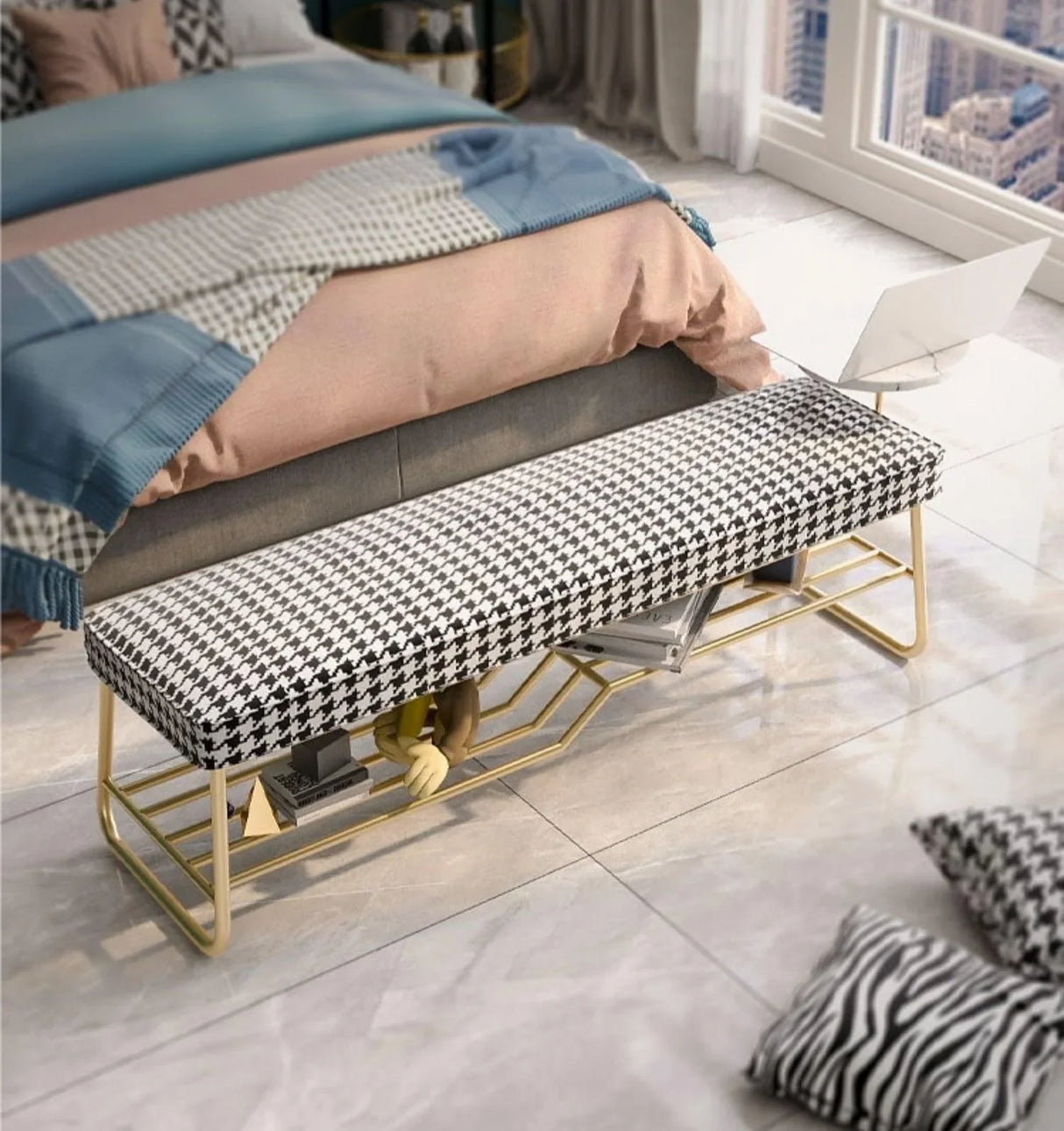 Houndstooth Ottoman Shoe Bench | PIA - onehappyhome