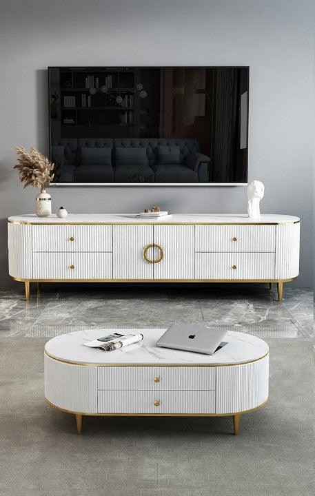 white coffee table and tv console with sintered top