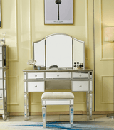 Mirrored Vanity Set, 5 Drawer Dresser Table, Mirror & Stool | STELLA - onehappyhome