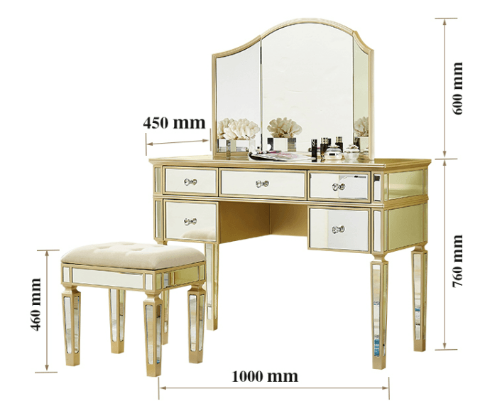 Mirrored Vanity Set, 5 Drawer Dresser Table, Mirror & Stool | STELLA - onehappyhome