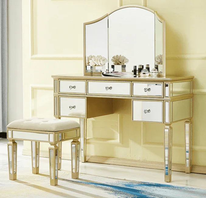 Mirrored Vanity Set, 5 Drawer Dresser Table, Mirror & Stool | STELLA - onehappyhome