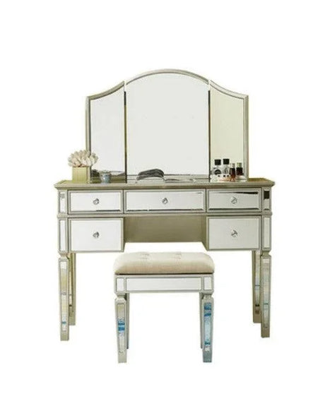 Mirrored Vanity Set, 5 Drawer Dresser Table, Mirror & Stool | STELLA - onehappyhome