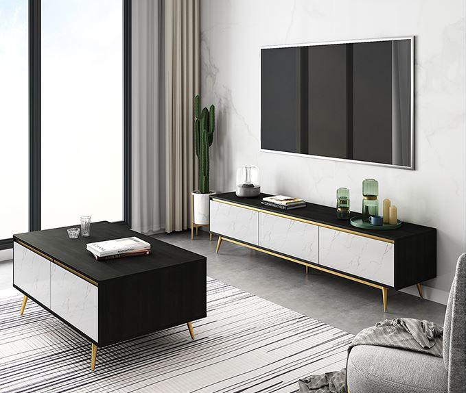 black and white coffee table and tv console